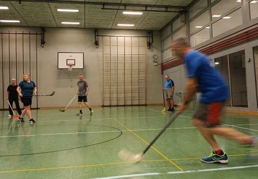 Personen spielen Unihockey in einer Turnhalle